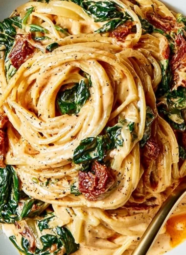 Quick and easy spinach spaghetti with sun-dried tomatoes garnished with herbs