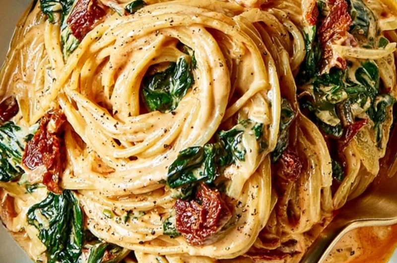 Quick and easy spinach spaghetti with sun-dried tomatoes garnished with herbs